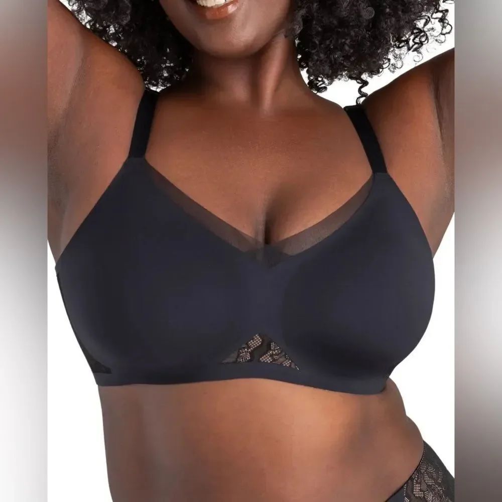 Honeylove Crossover black wireless comfort Bra lace mesh details 1X 40C D